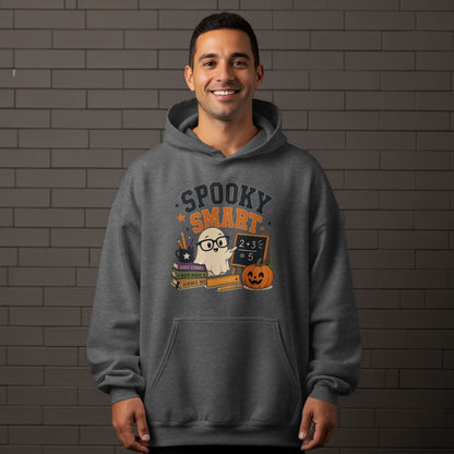 Dark grey hoodie with "Spooky Smart" text and a ghost, books, and pumpkin graphic.