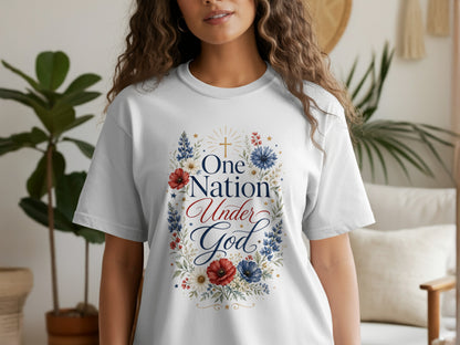 White t-shirt with "One Nation Under God" text and floral design.