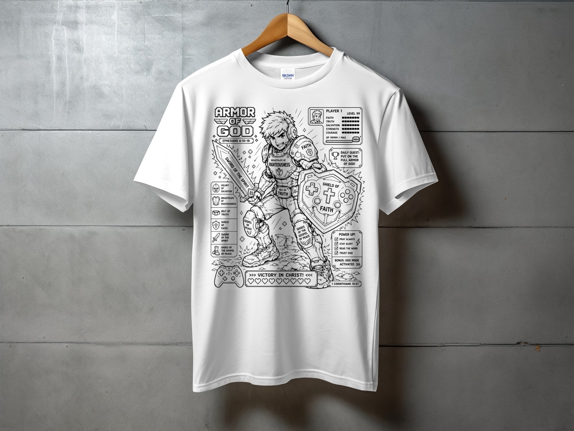 T-shirt design with "Armor of God" graphic and biblical references.