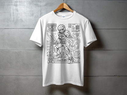 T-shirt design with "Armor of God" graphic and biblical references.