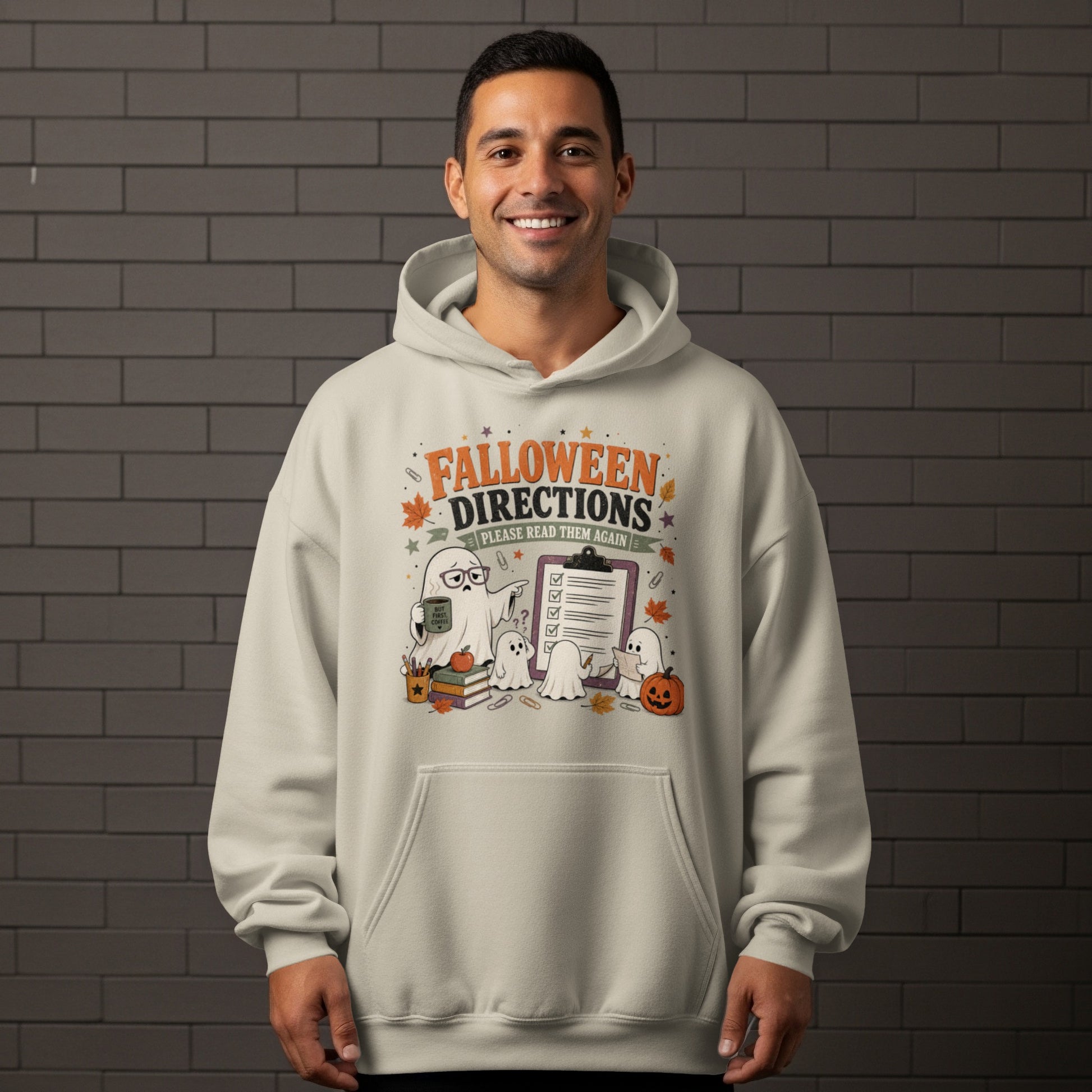 Falloween Directions graphic with ghosts, checklist, coffee, and books on a light hoodie.