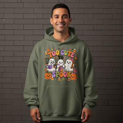 Green hoodie with "Too Cute To Spook" text and cute Halloween ghosts.