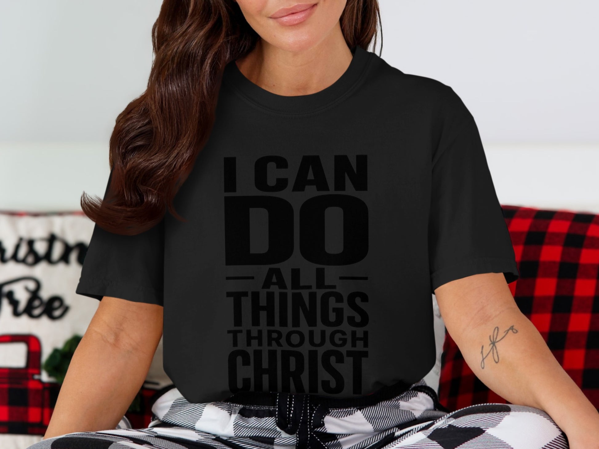 Black t-shirt with "I CAN DO ALL THINGS THROUGH CHRIST" text.