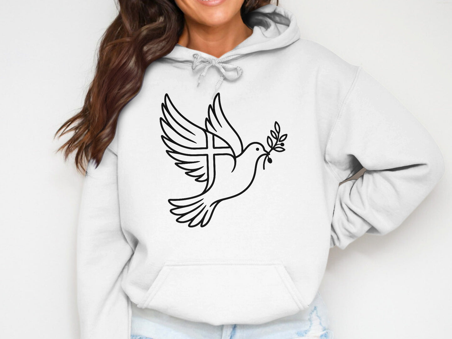 White hoodie with black line art of a dove carrying an olive branch.