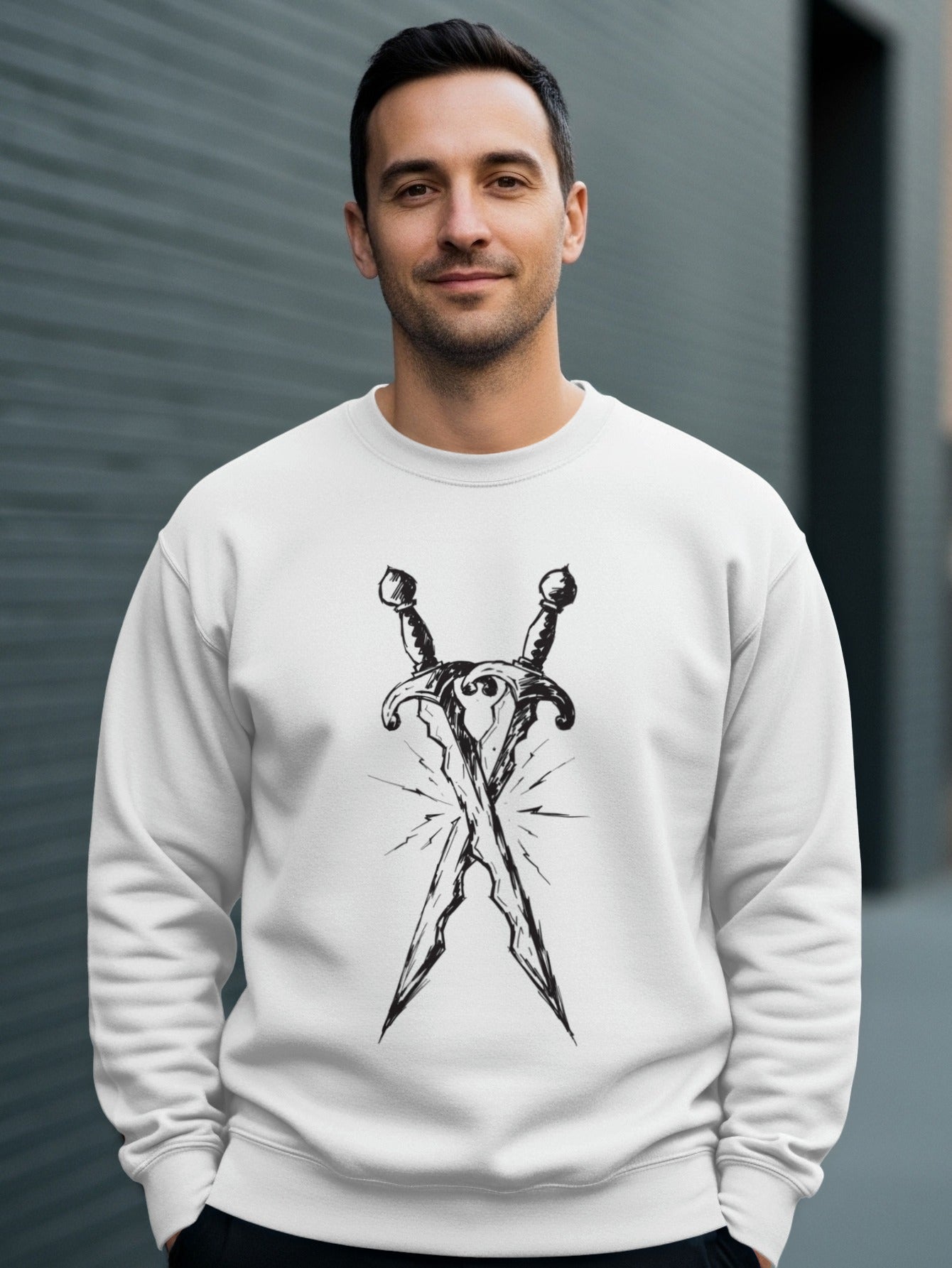 White sweatshirt with crossed swords graphic.