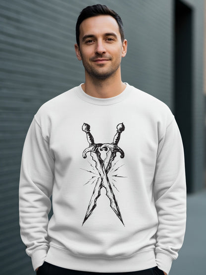 White sweatshirt with crossed swords graphic.