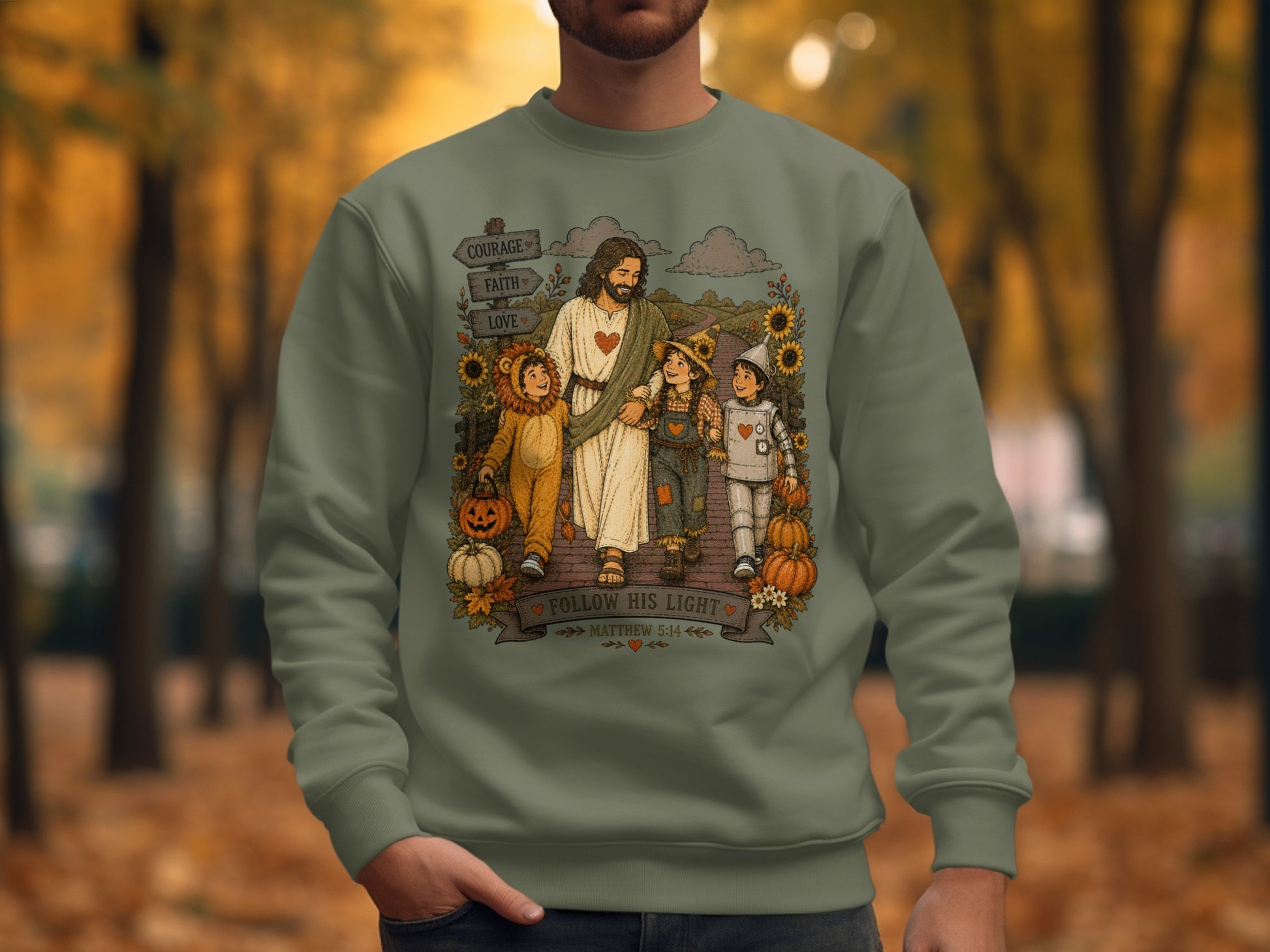 Jesus walking with two children dressed as a lion and a scarecrow.