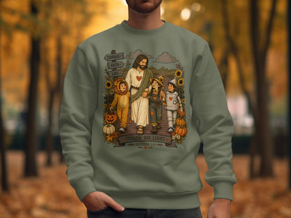 Jesus walking with two children dressed as a lion and a scarecrow.