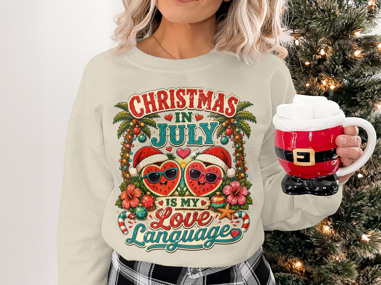 Christmas in July sweatshirt with heart watermelons wearing Santa hats and sunglasses.