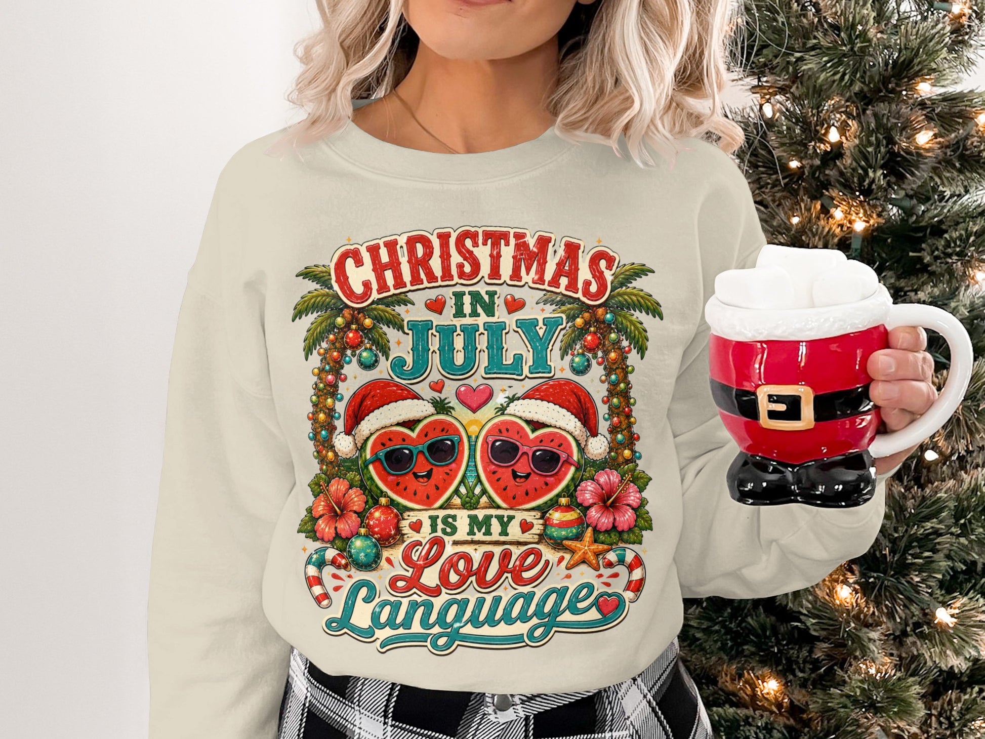 Christmas in July sweatshirt with heart watermelons wearing Santa hats and sunglasses.