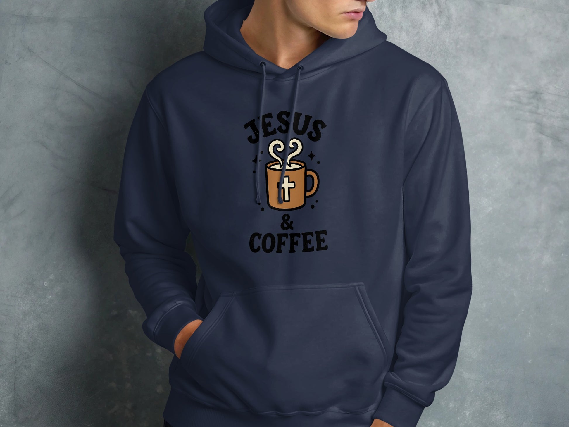Navy hoodie with "Jesus & Coffee" and coffee cup graphic.
