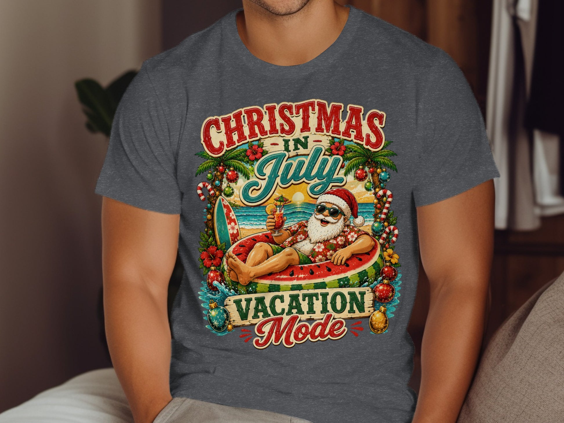 Santa in sunglasses relaxing on a float with "Christmas in July Vacation Mode" text.