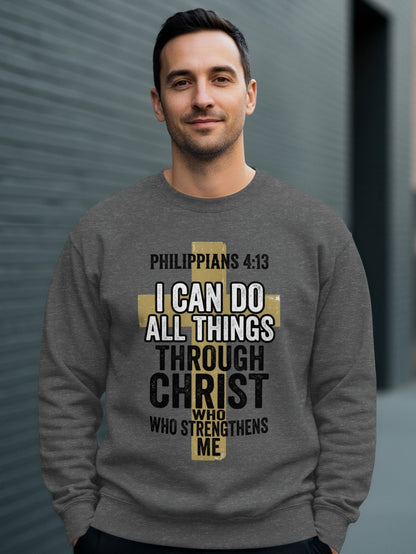 Man in gray sweatshirt with Philippians 4:13 text and cross graphic.