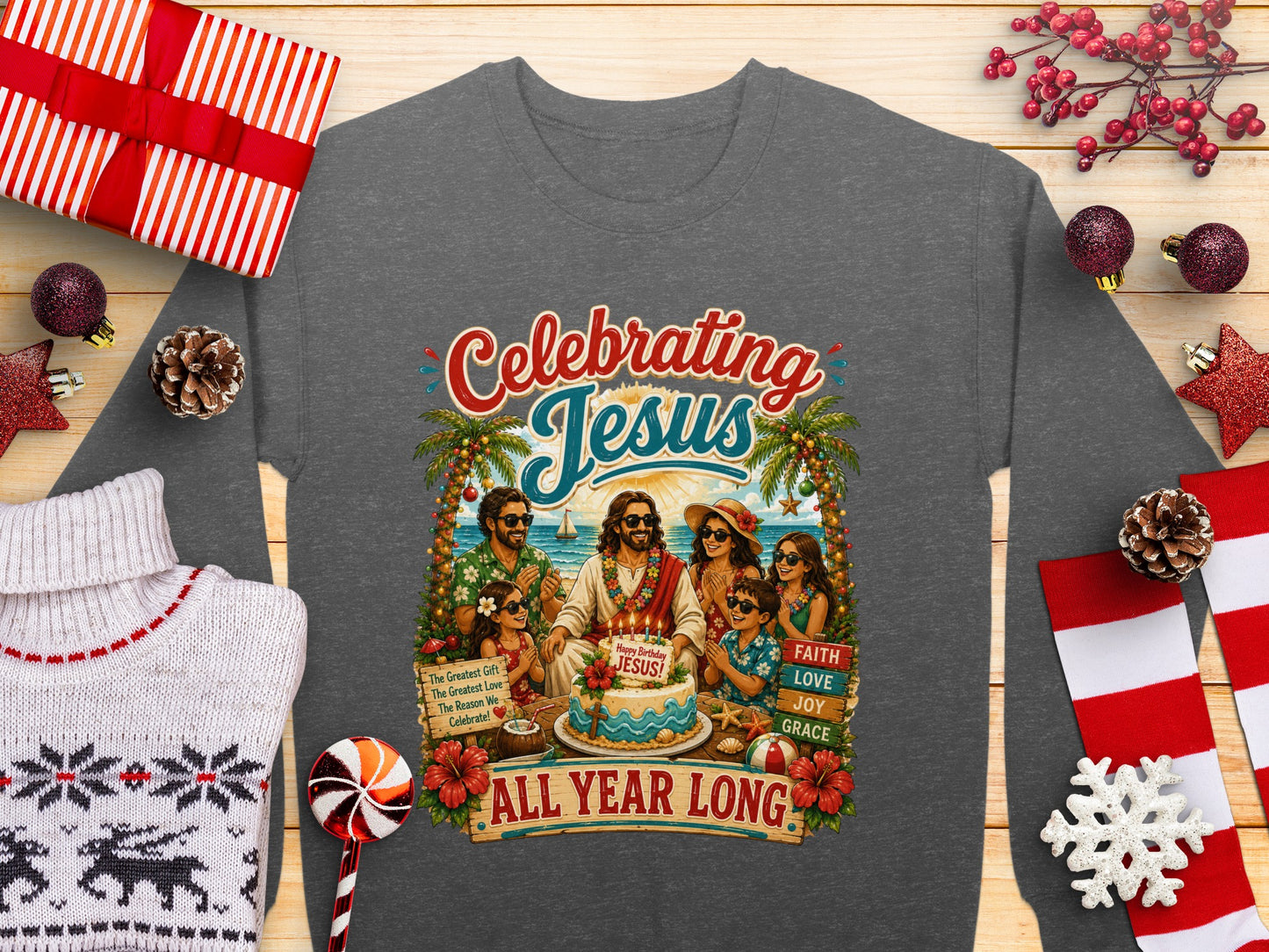Grey sweatshirt with "Celebrating Jesus" graphic, palm trees, and birthday cake.