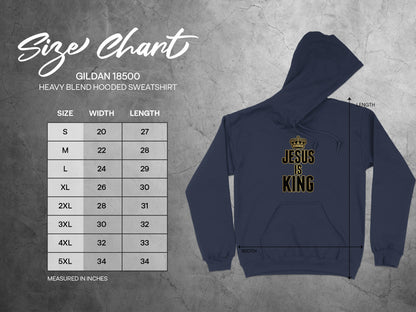 Gildan 18500 hooded sweatshirt size chart with measurements and "Jesus is King" graphic.