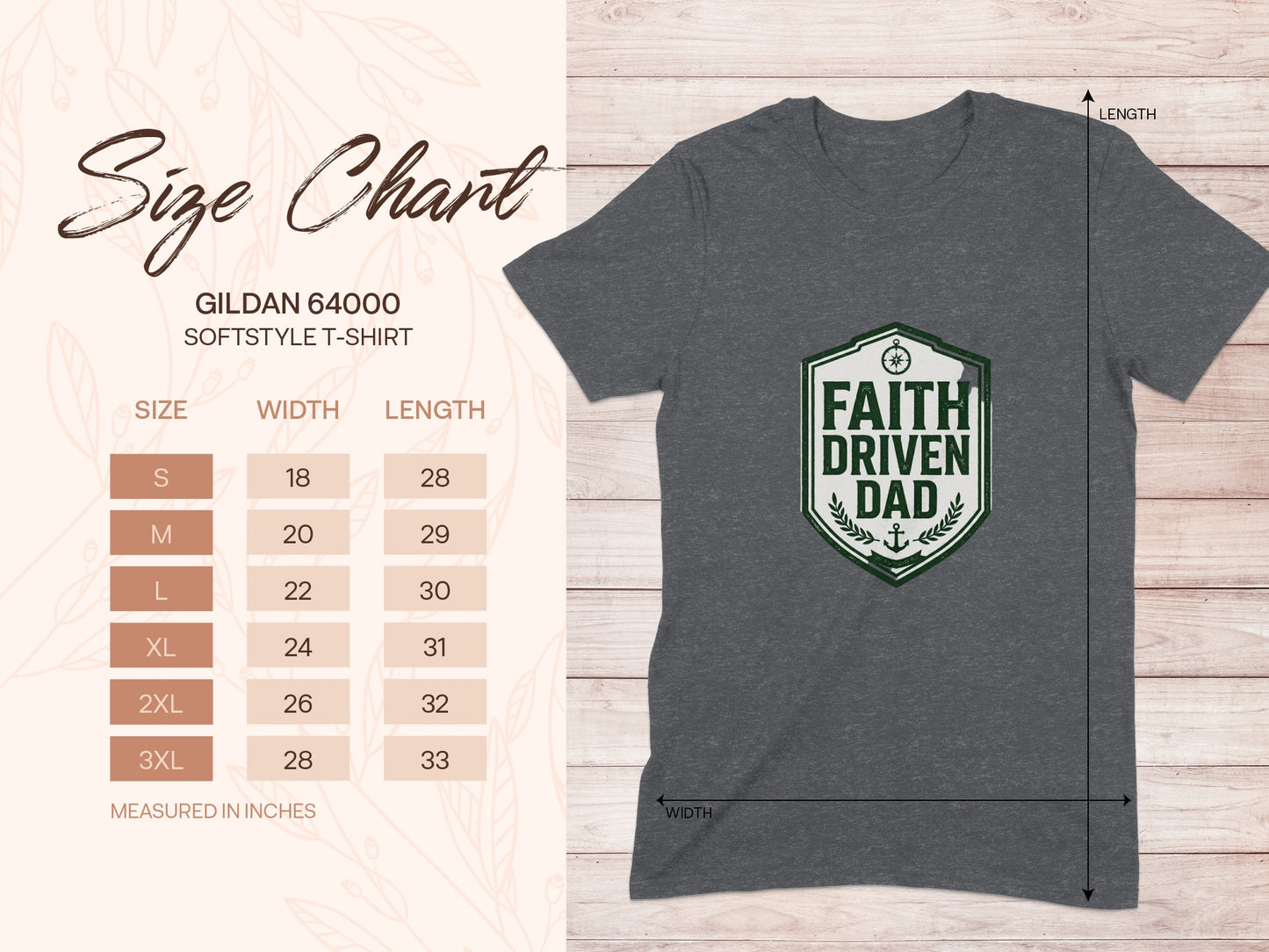 Gildan 64000 t-shirt size chart with "Faith Driven Dad" graphic.