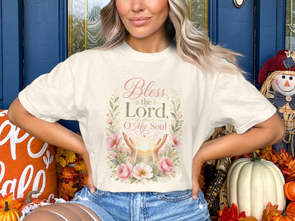 Cream t-shirt with "Bless the Lord, O My Soul" text and floral graphic.