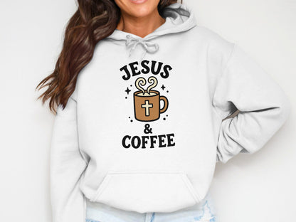 White hoodie with "JESUS & COFFEE" text and a coffee cup with a cross.