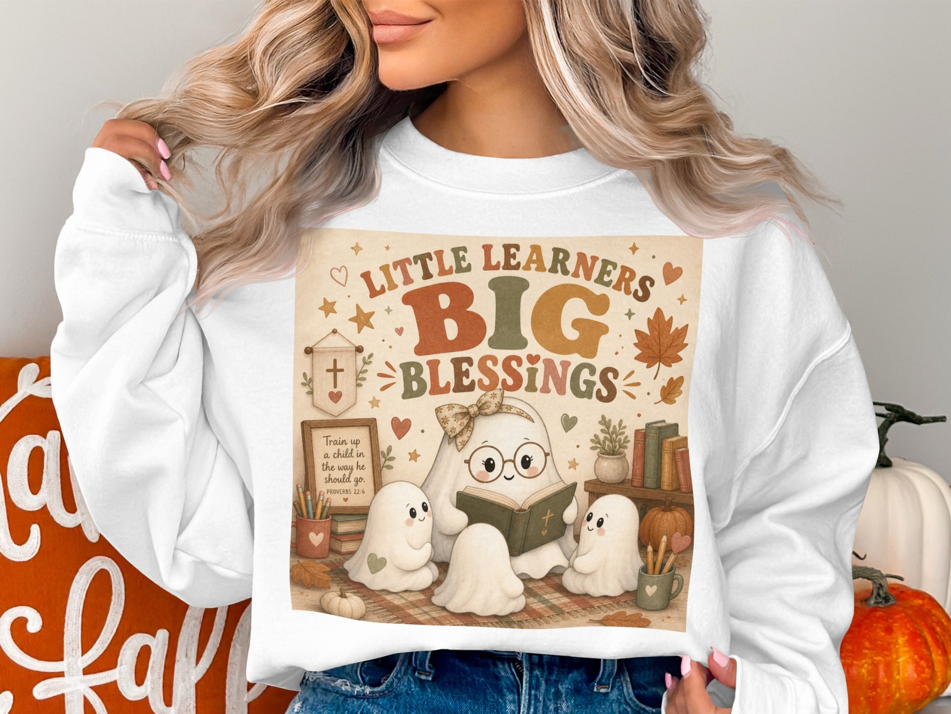 Ghosts reading to children with text "Little Learners Big Blessings".