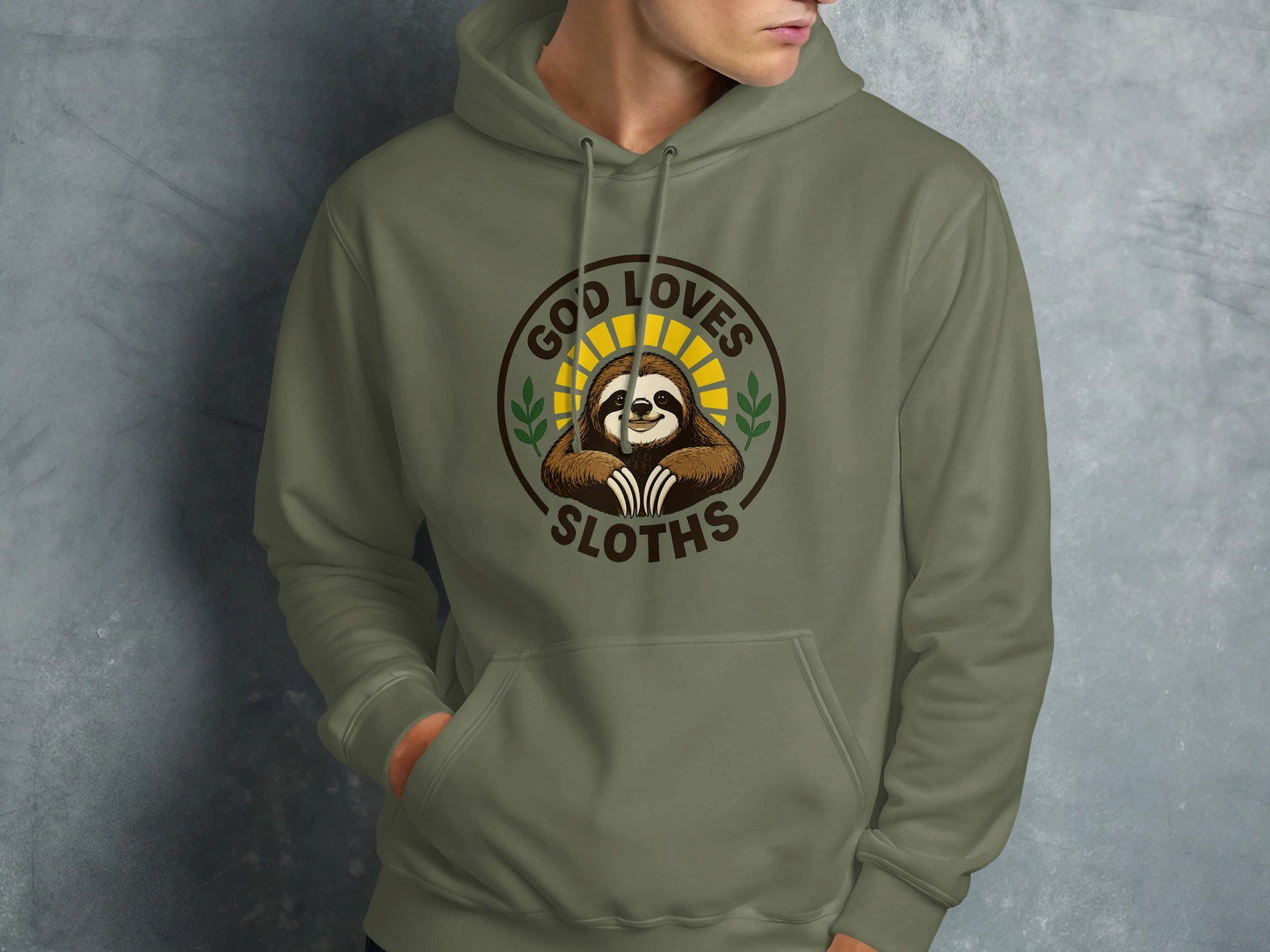 Green hoodie with a circular graphic of a smiling sloth.