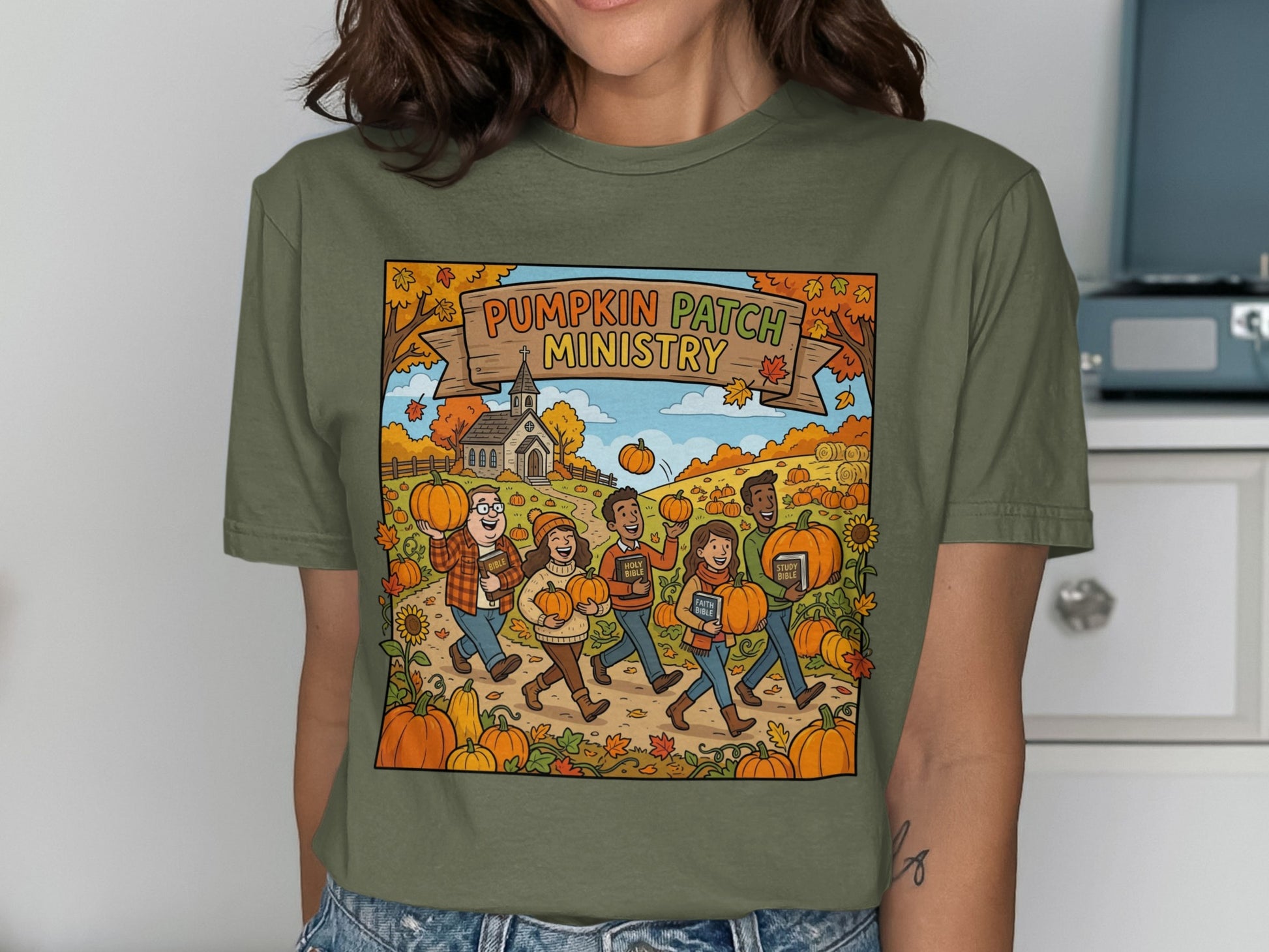 People walking with pumpkins past church in cartoon style.