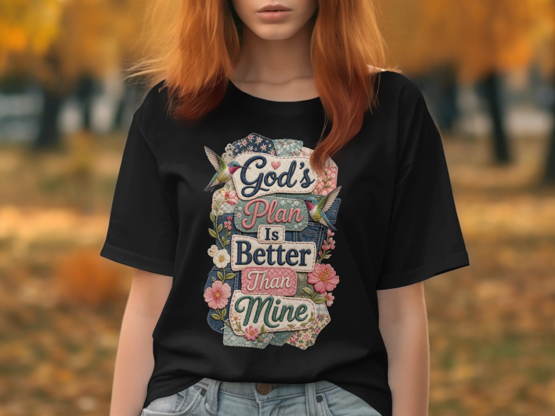 Black t-shirt with "God's Plan Is Better Than Mine" graphic.