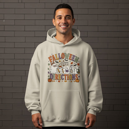 Cream hoodie with "Falloween Directions" graphic featuring cute ghosts and Halloween elements.