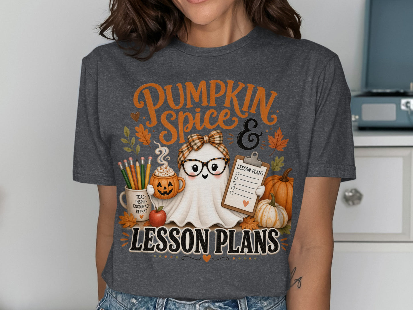 Ghost with glasses holding clipboard with "LESSON PLANS" text.