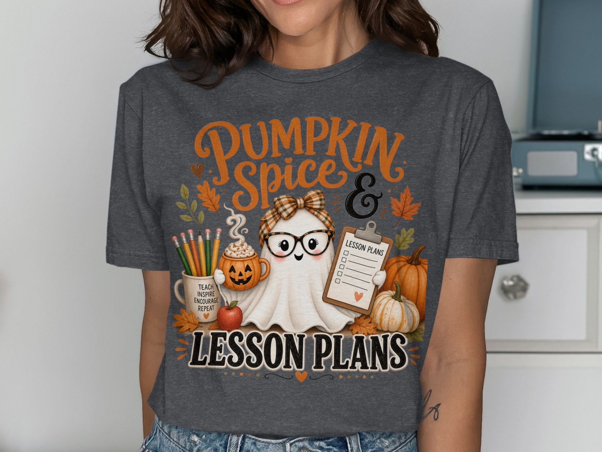 Ghost with glasses holding clipboard with "LESSON PLANS" text.