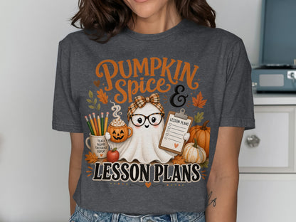 Ghost with glasses holding clipboard with "LESSON PLANS" text.