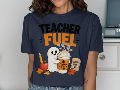 Teacher Fuel graphic with ghost, pumpkin spice coffee, apple, and lesson plans book.