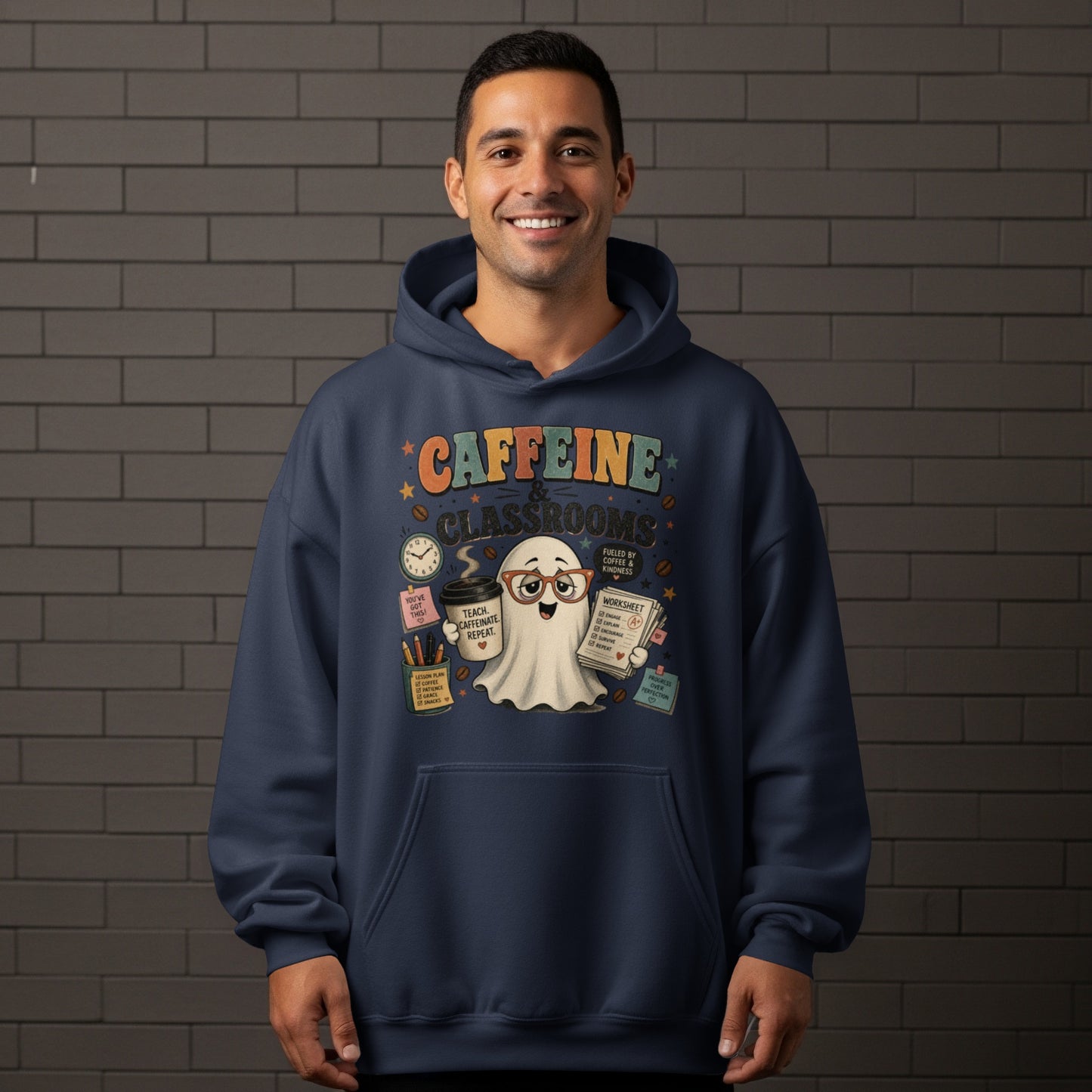 Ghost with coffee and school supplies, text "Caffeine & Classrooms Fueled by Coffee & Kindness".