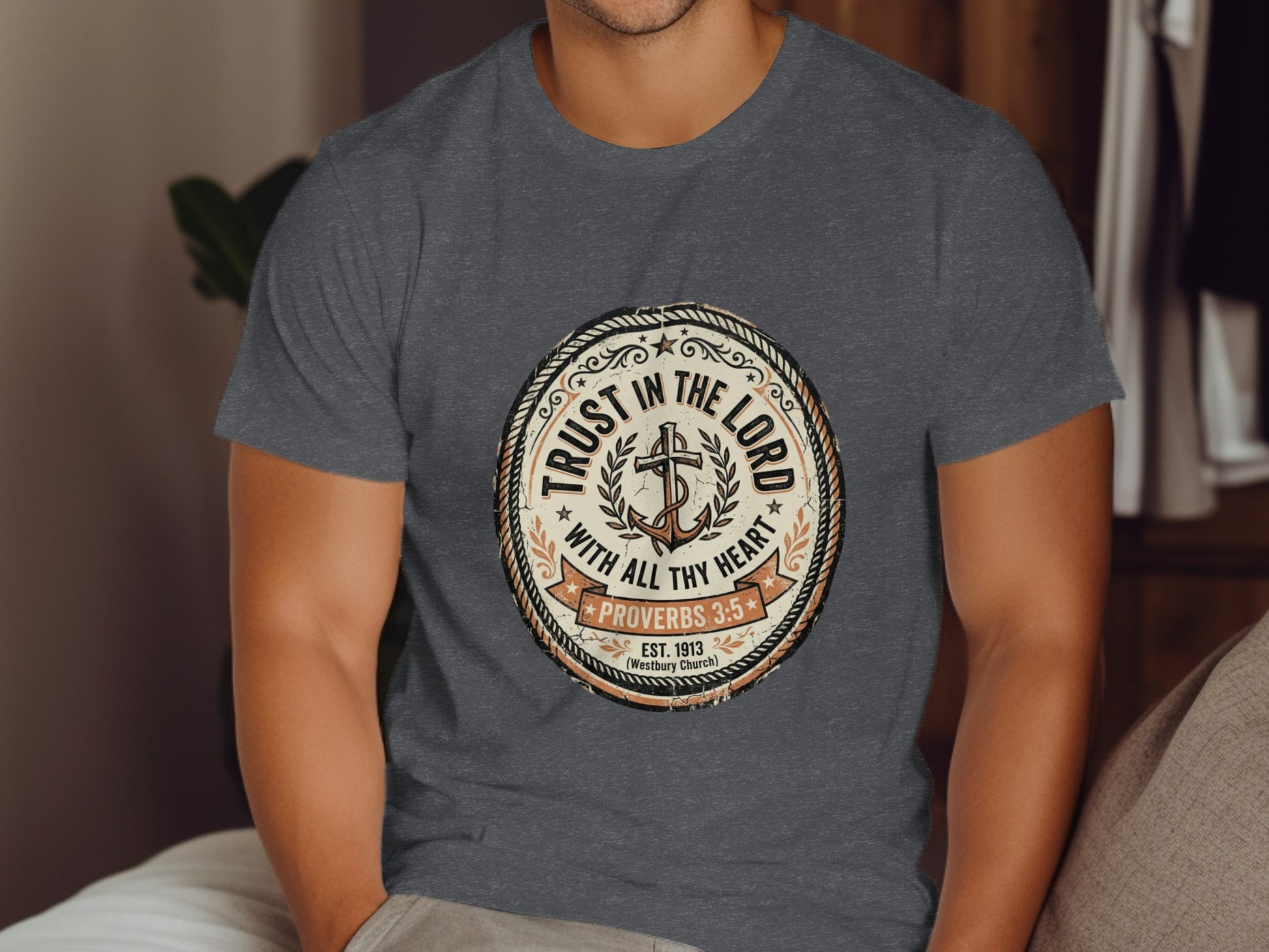 Dark gray t-shirt with round graphic: "Trust in the Lord Proverbs 3:5 Est. 1913".