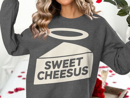 Dark grey sweatshirt with "Sweet Cheesus" text and halo design.