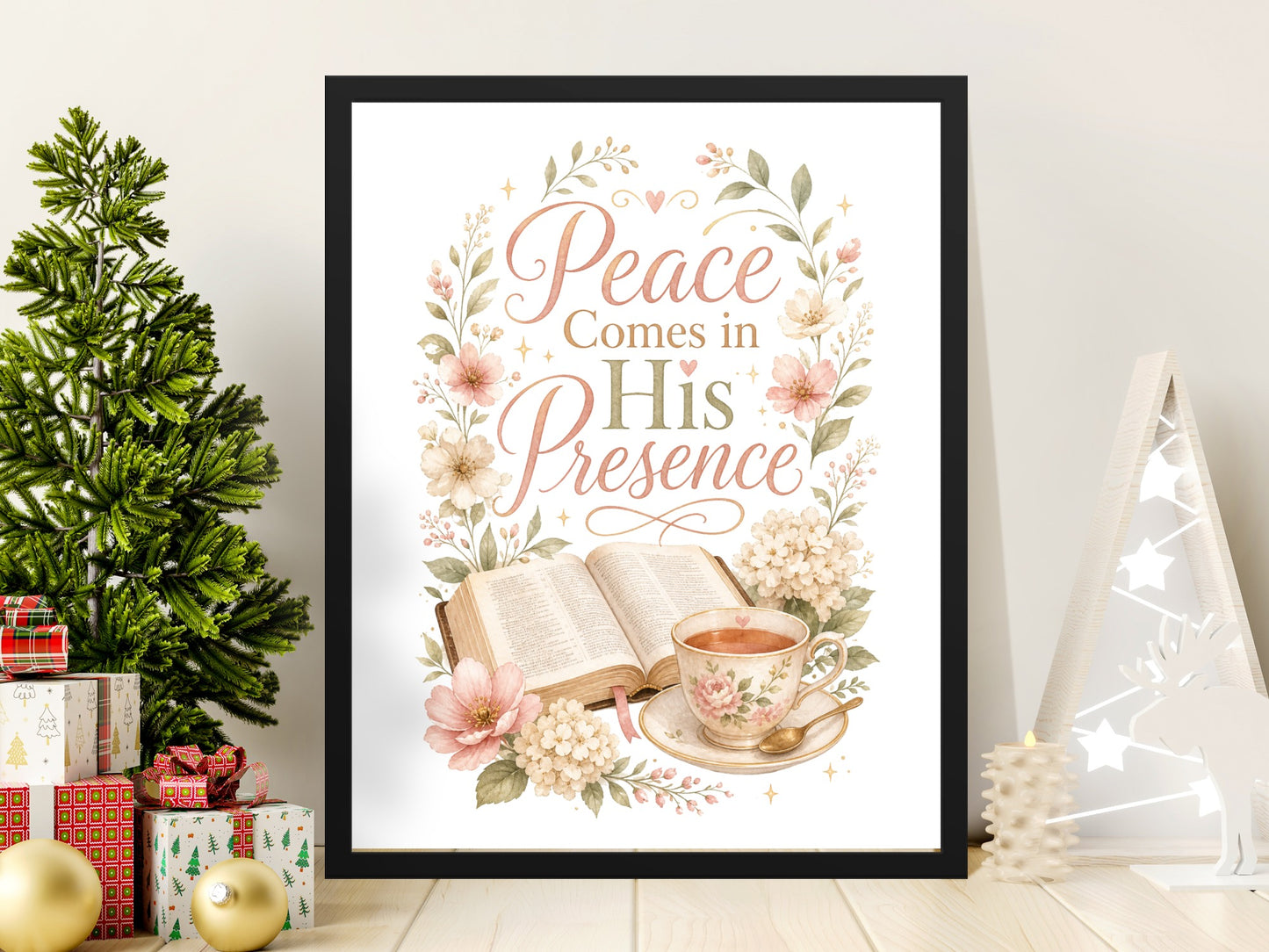 Framed art print with floral border, open book, and tea cup with text "Peace Comes in His Presence".