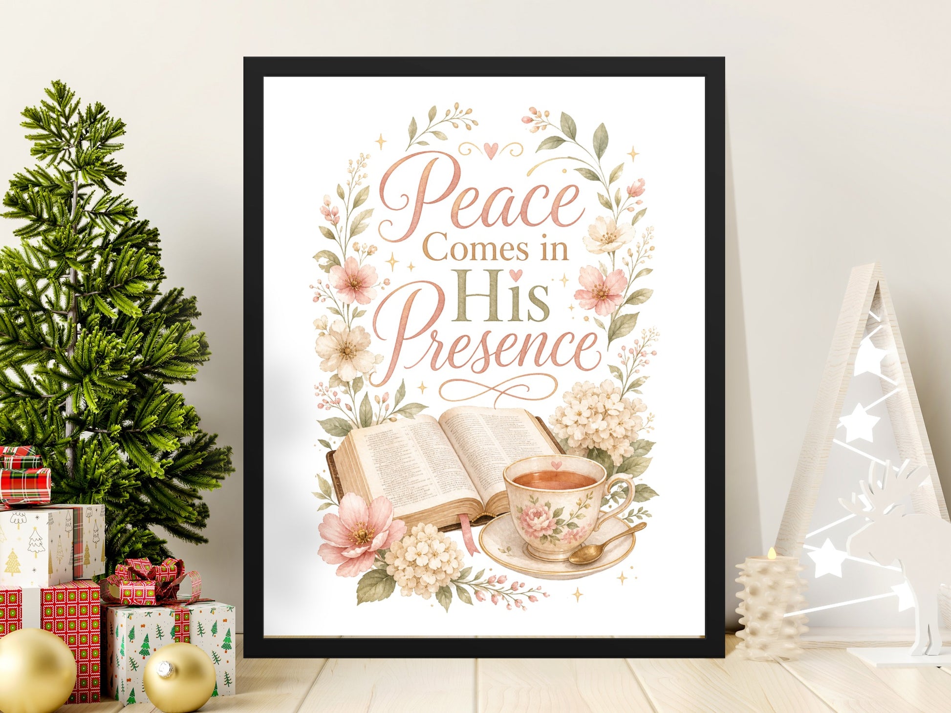 Framed art print with floral border, open book, and tea cup with text "Peace Comes in His Presence".