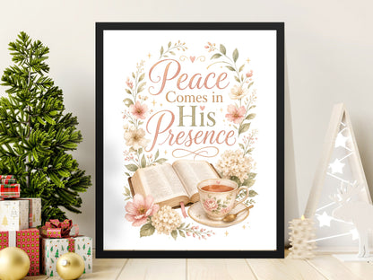 Framed art print with floral border, open book, and tea cup with text "Peace Comes in His Presence".