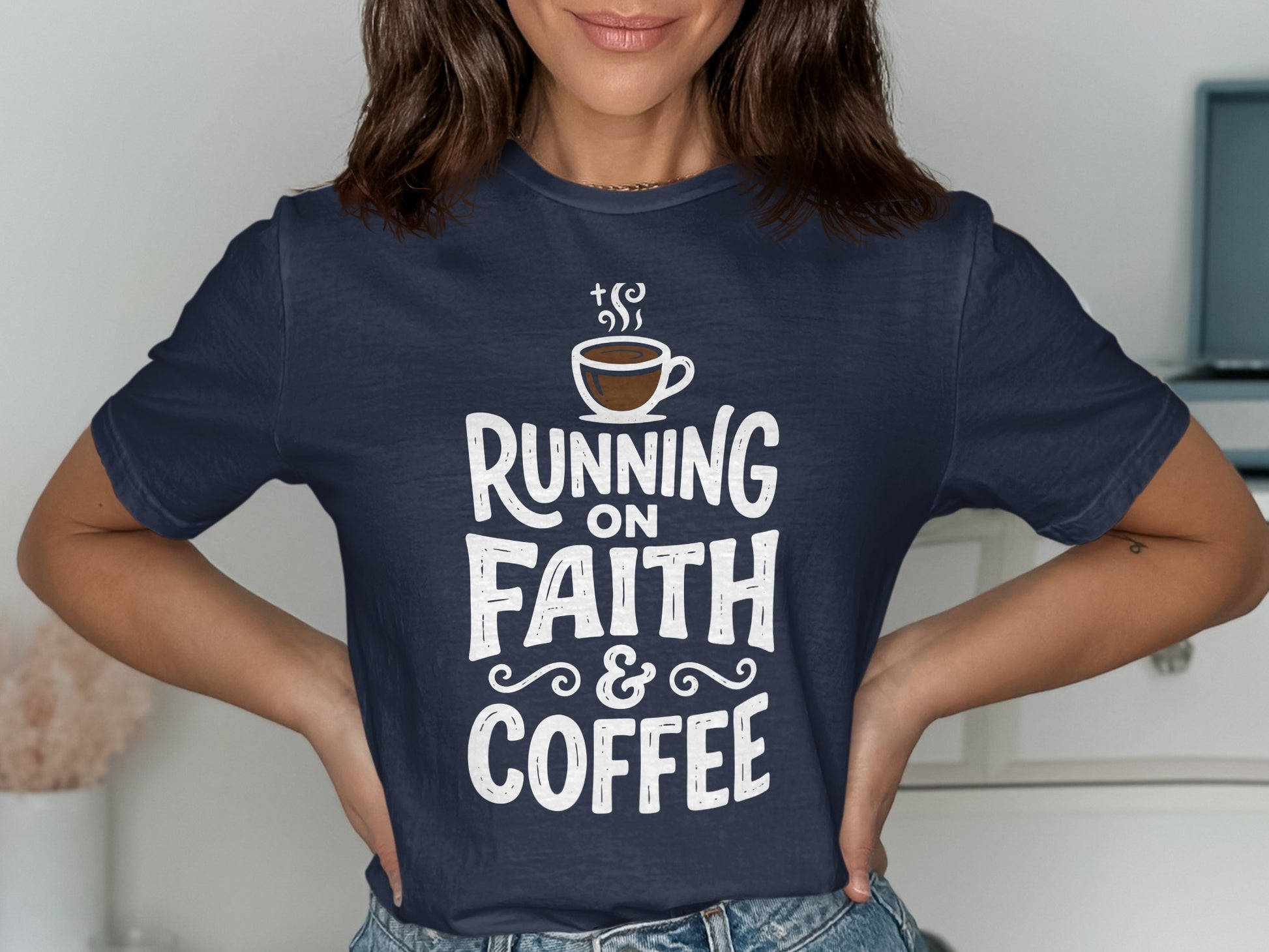 Navy t-shirt with "Running on Faith & Coffee" text and coffee cup graphic.