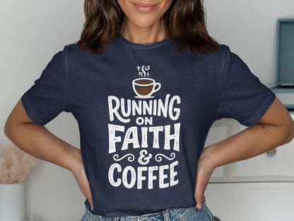 Navy t-shirt with "Running on Faith & Coffee" text and coffee cup graphic.