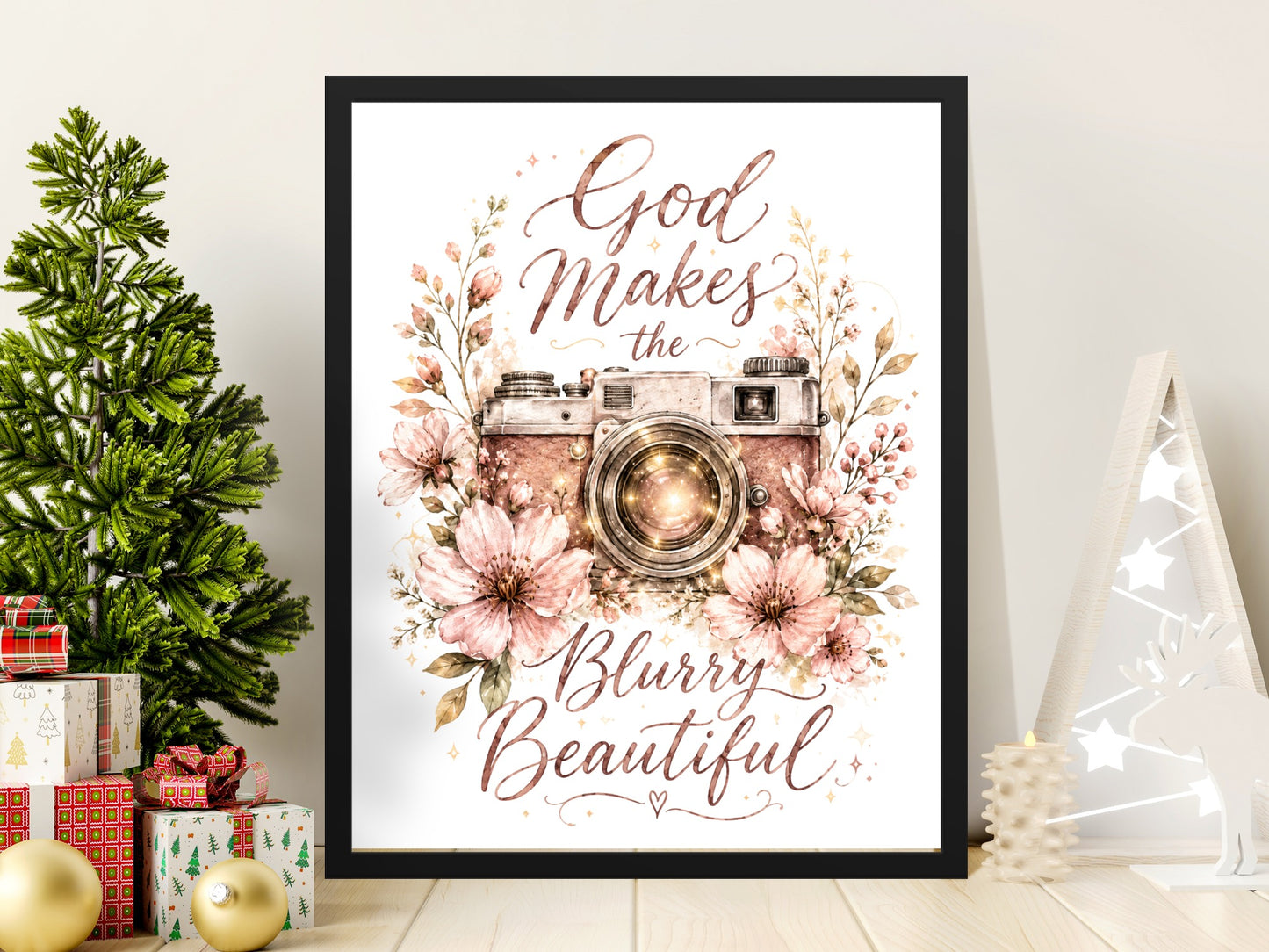 Framed art with vintage camera, flowers, and text "God Makes the Blurry Beautiful".