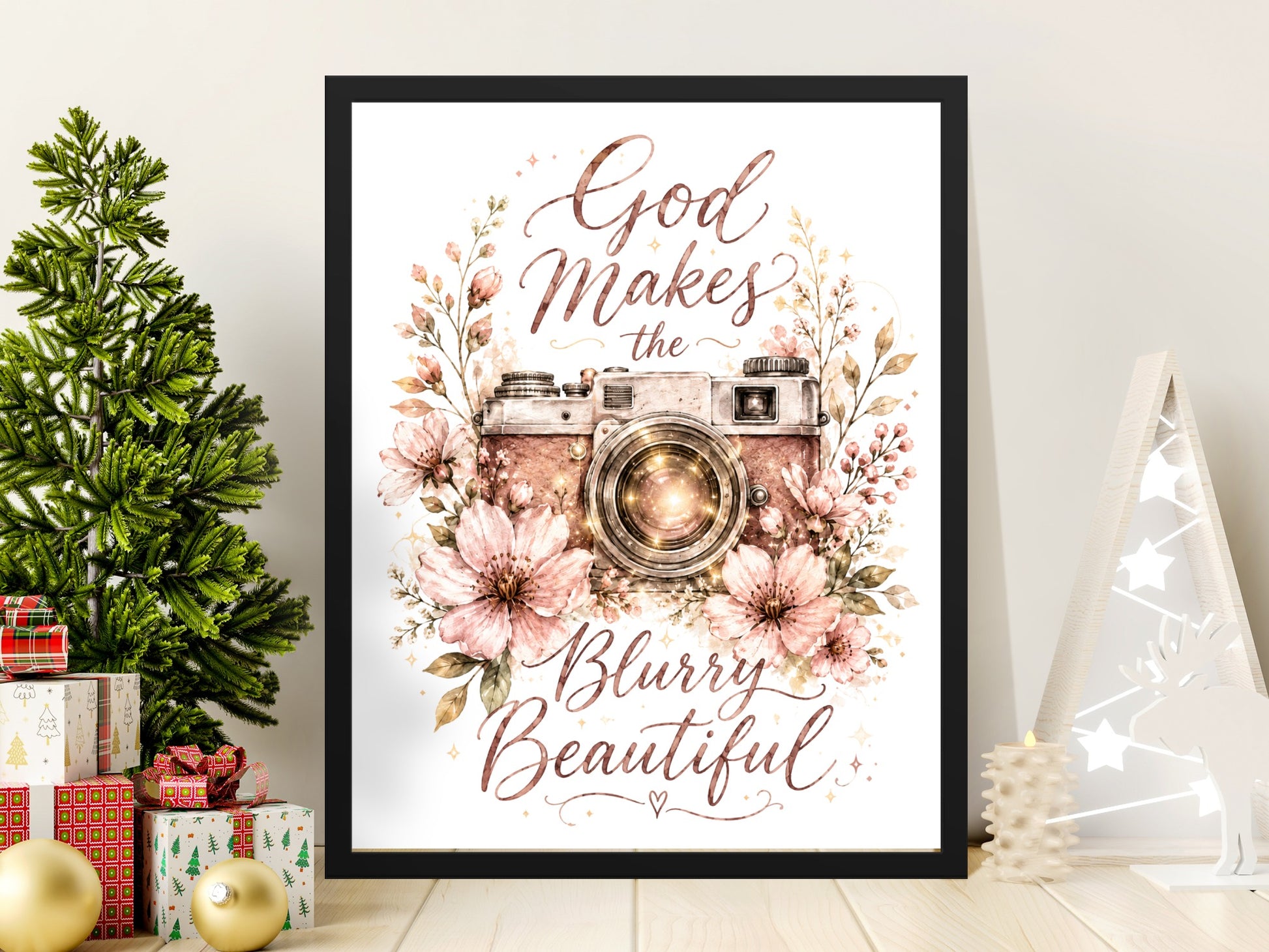 Framed art with vintage camera, flowers, and text "God Makes the Blurry Beautiful".