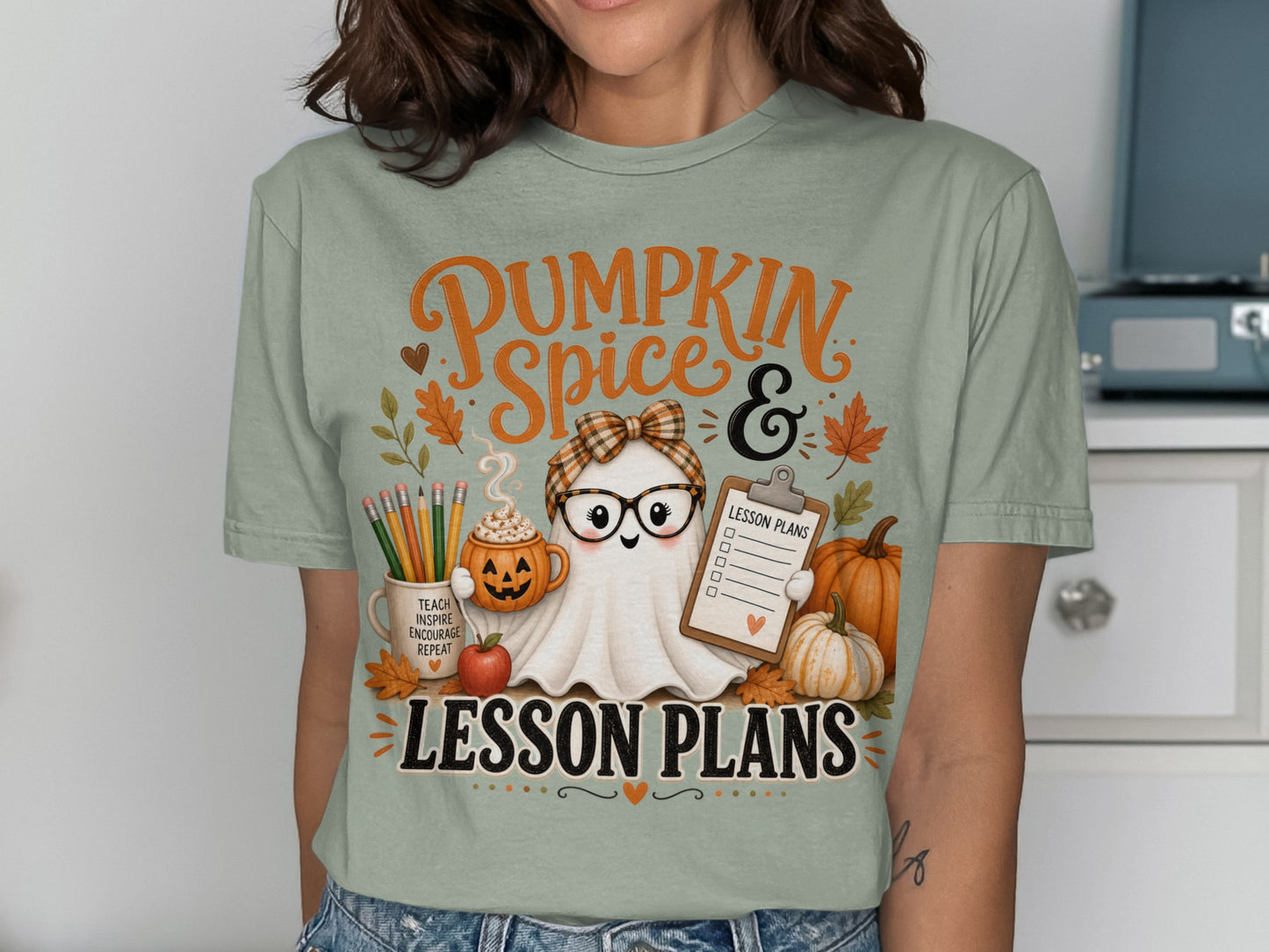 Ghost with glasses holds clipboard reading "Lesson Plans" with pumpkins and pencils.