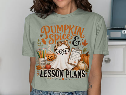 Ghost with glasses holds clipboard reading "Lesson Plans" with pumpkins and pencils.