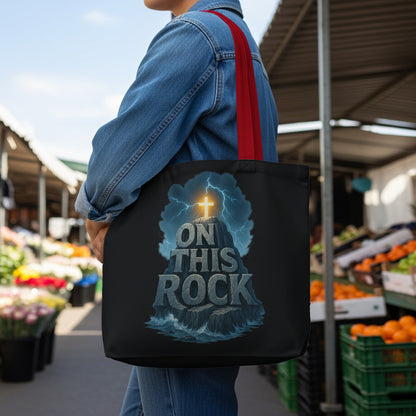 Black tote bag with "ON THIS ROCK" text and a cross on a stormy mountain.