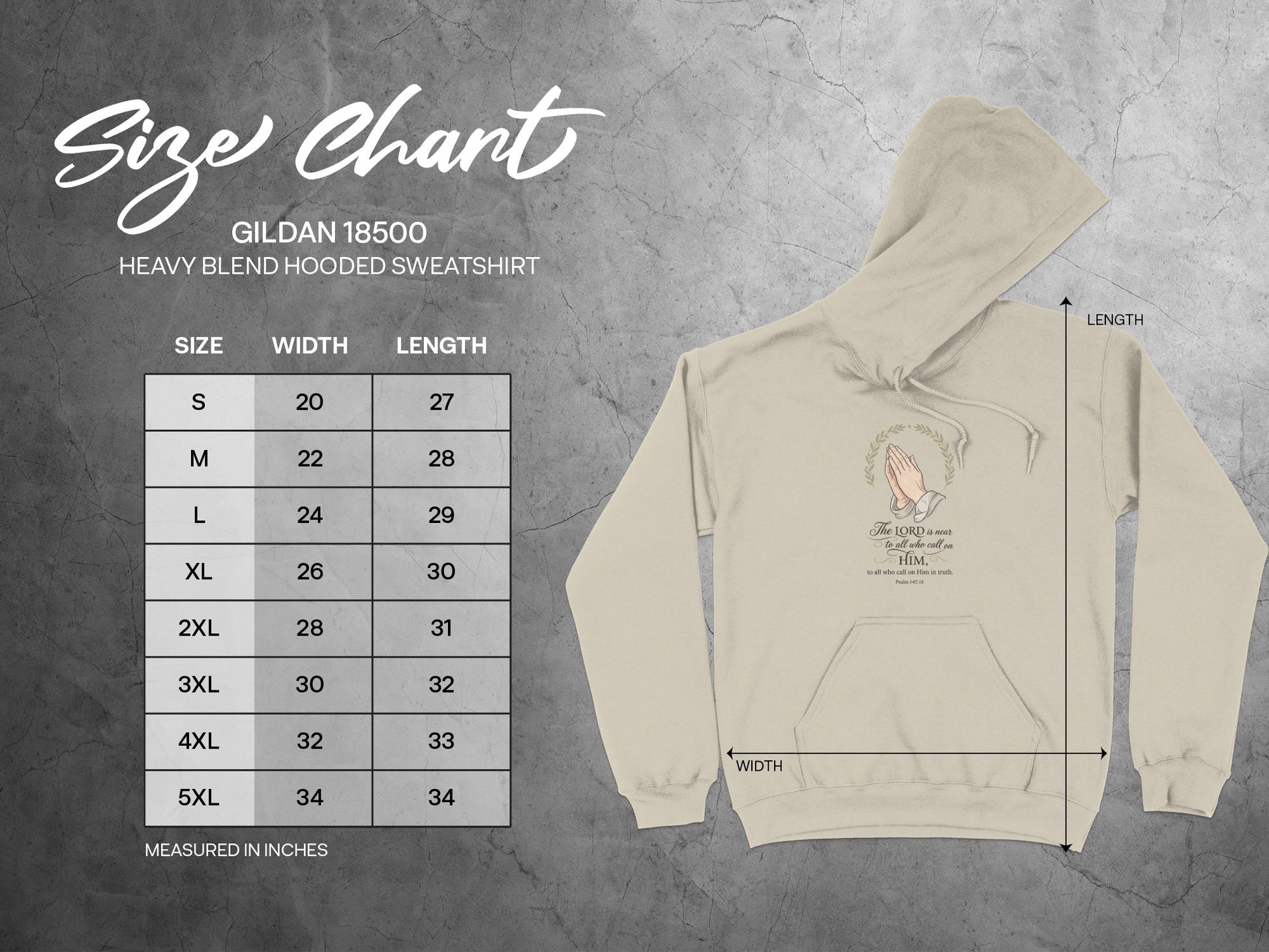 Gildan 18500 hooded sweatshirt size chart with chest and length measurements in inches.