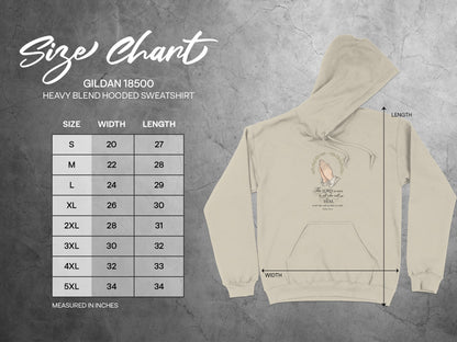 Gildan 18500 hooded sweatshirt size chart with chest and length measurements in inches.