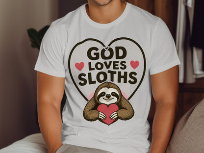 White t-shirt with "God Loves Sloths" and a sloth holding a heart.