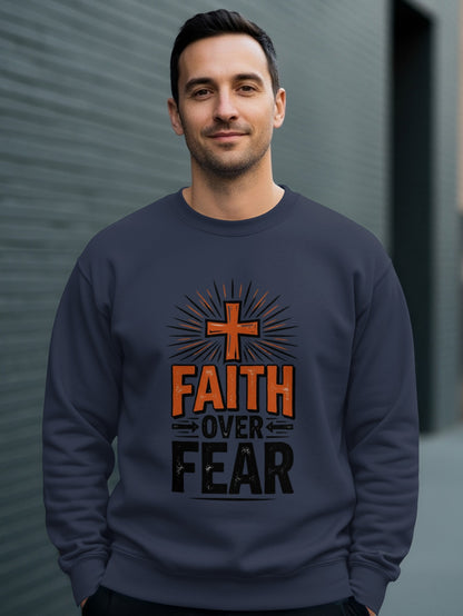Dark blue sweatshirt with "Faith Over Fear" text and orange cross design.