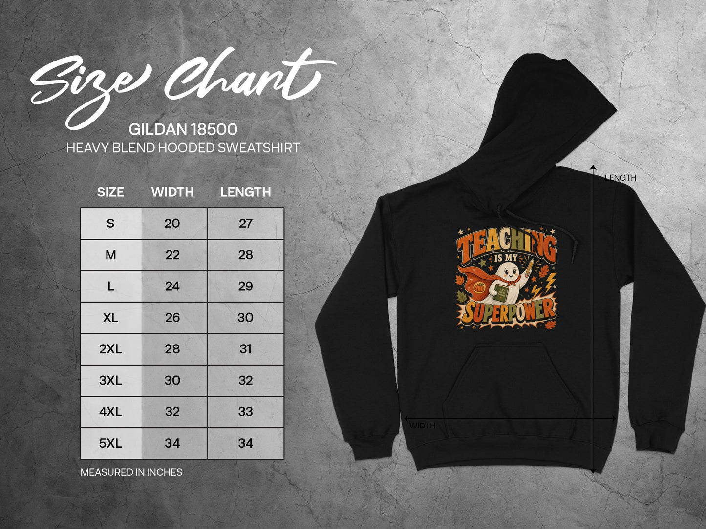 Gildan 18500 hooded sweatshirt size chart with ghost graphic.