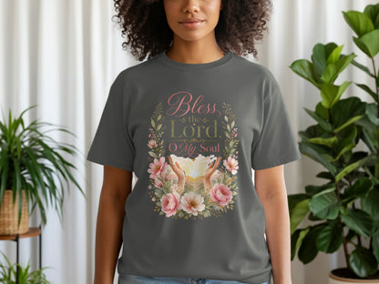 Grey t-shirt with floral design and text "Bless the Lord, O My Soul".